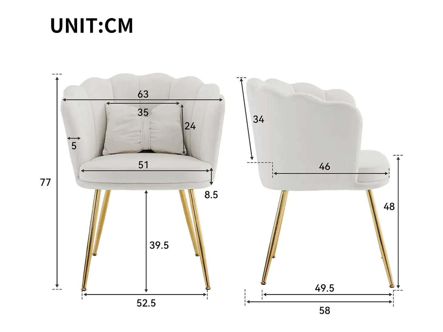 1 Silla de terciopelo - con respaldo en forma de pétalo - patas de metal dorado - Beige