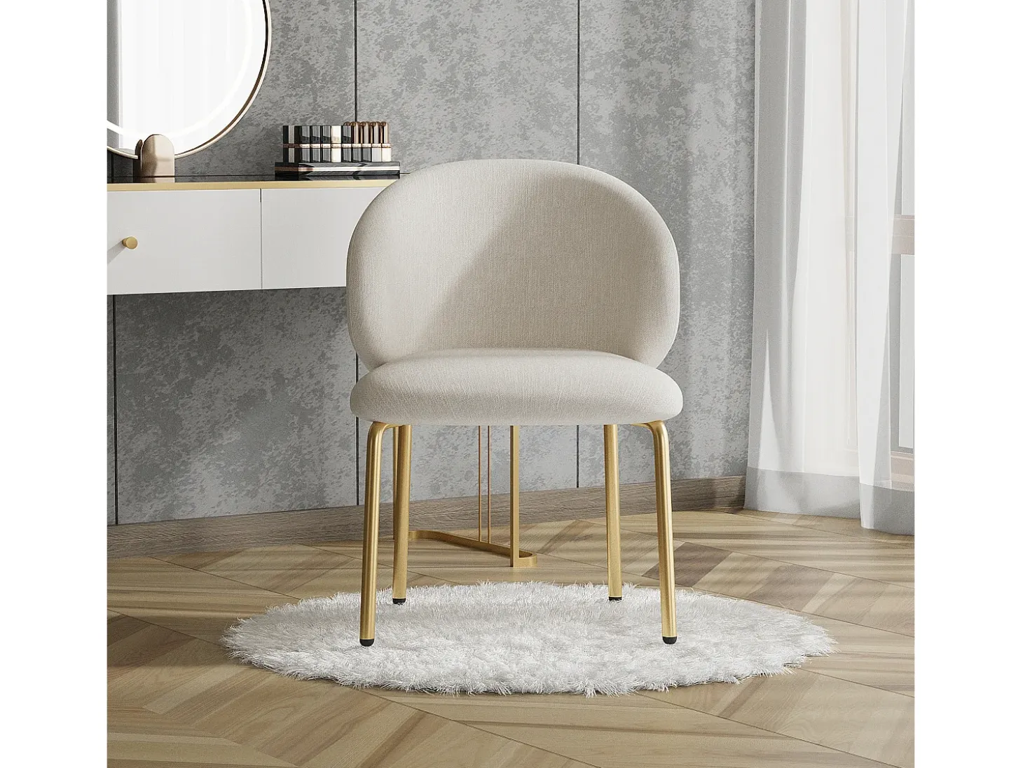 1 Silla en tela chenille - patas de metal dorado - silla de tocador - silla de comedor - Beige