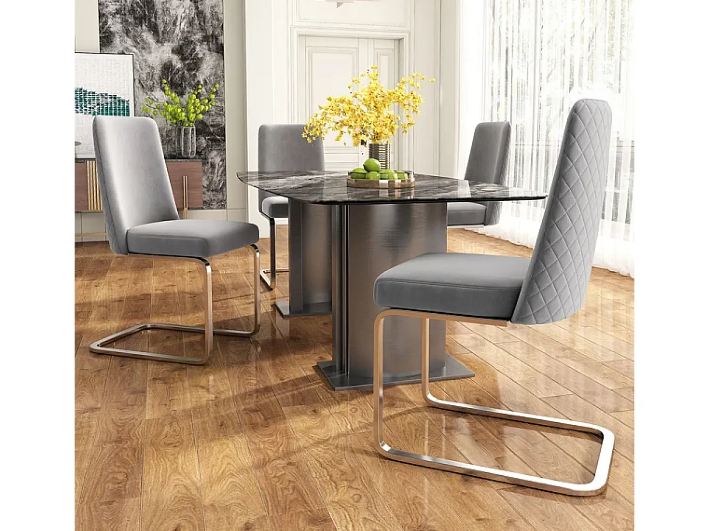 4 sillas cantilever en terciopelo y metal plateado - Diseño diamante - Carga máx. 150 kg - 55x45x87 cm - Gris