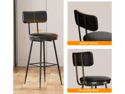 4 sillas de mostrador negras con respaldo, piel sintética, altura del asiento de 65 cm