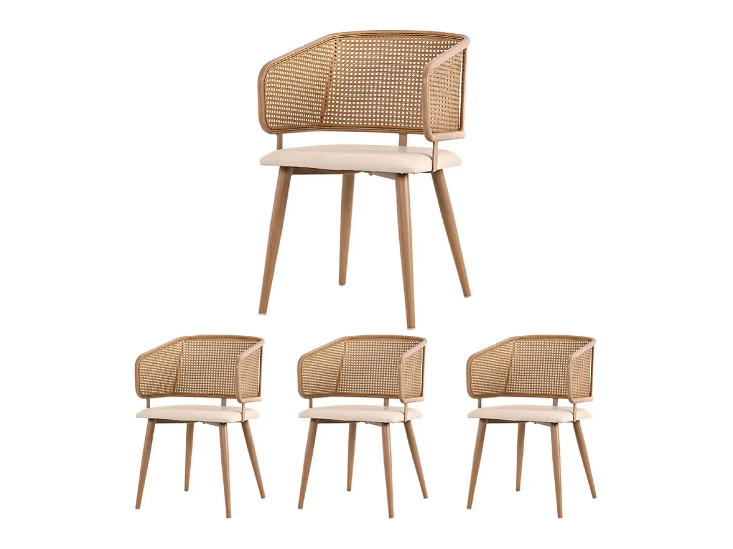 4 sillas en piel PU - Respaldo en ratán y patas metálicas - Carga máx. 150 kg - 47x51x79 cm