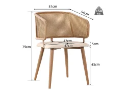 2 sillas en piel PU - Respaldo en ratán y patas metálicas - Carga máx. 150 kg - 47x51x79 cm