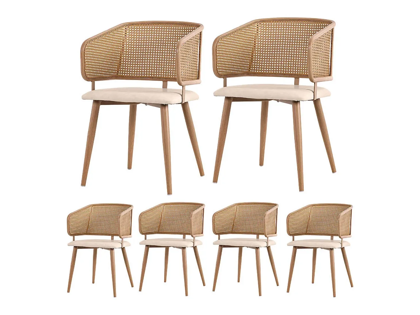 6 sillas en piel PU - Respaldo en ratán y patas metálicas - Carga máx. 150 kg - 47x51x79 cm