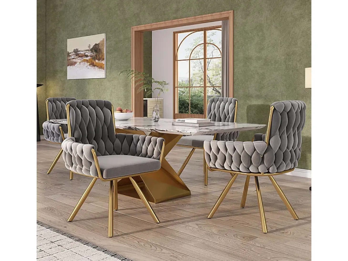 4 sillas giratorias en terciopelo - Con reposabrazos y patas metálicas - Respaldo amplio - Gris - 63x50x87 cm