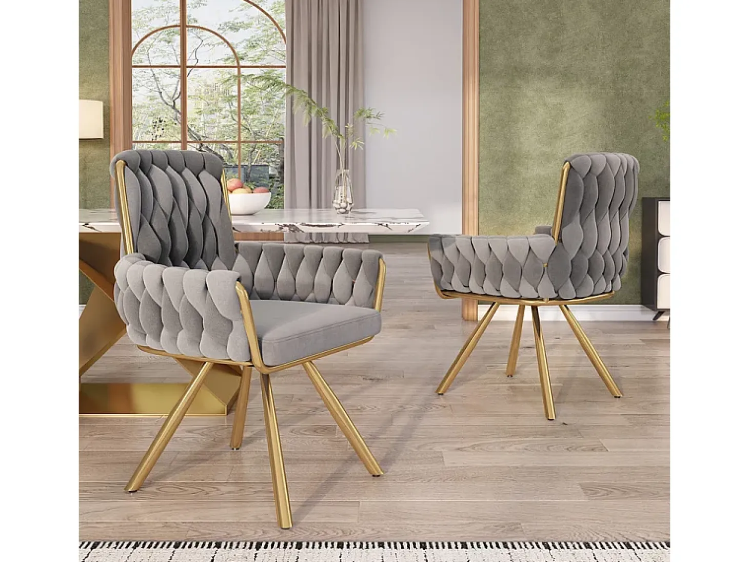 2 sillas giratorias en terciopelo - Con reposabrazos y patas metálicas - Respaldo amplio - Gris - 63x50x87 cm