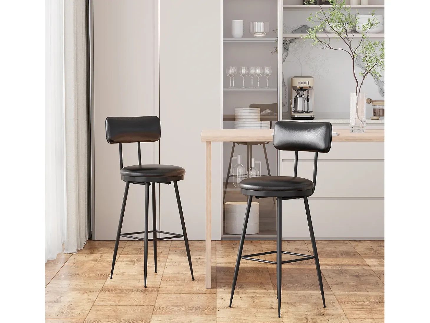 2 sillas negras de mostrador con respaldo, de piel sintética, altura del asiento de 65 cm, para cocina