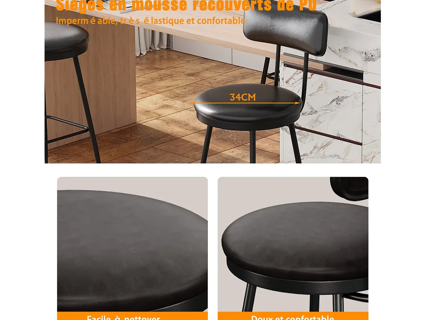 2 sillas negras de mostrador con respaldo, de piel sintética, altura del asiento de 65 cm, para cocina
