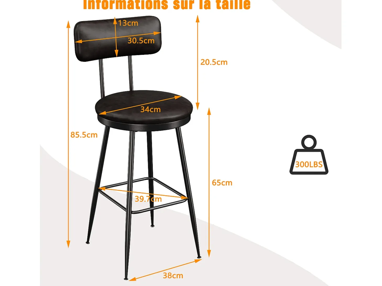 2 sillas negras de mostrador con respaldo, de piel sintética, altura del asiento de 65 cm, para cocina