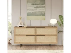 Alacena aparador para salón o cocina de madera con 4 puertas efecto ratán Dhunnan