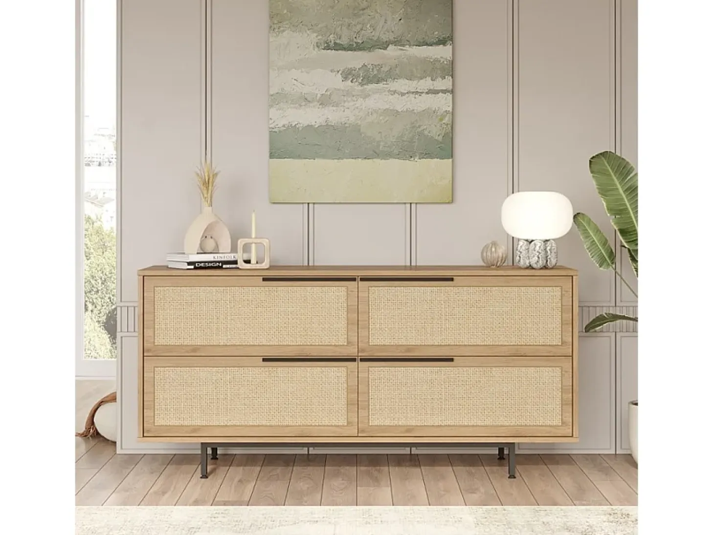 Alacena aparador para salón o cocina de madera con 4 puertas efecto ratán Dhunnan