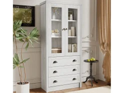 Alacena moderna - 80 x 34 x 171 cm - con 2 puertas de cristal + 3 cajones - aglomerado - natural claro