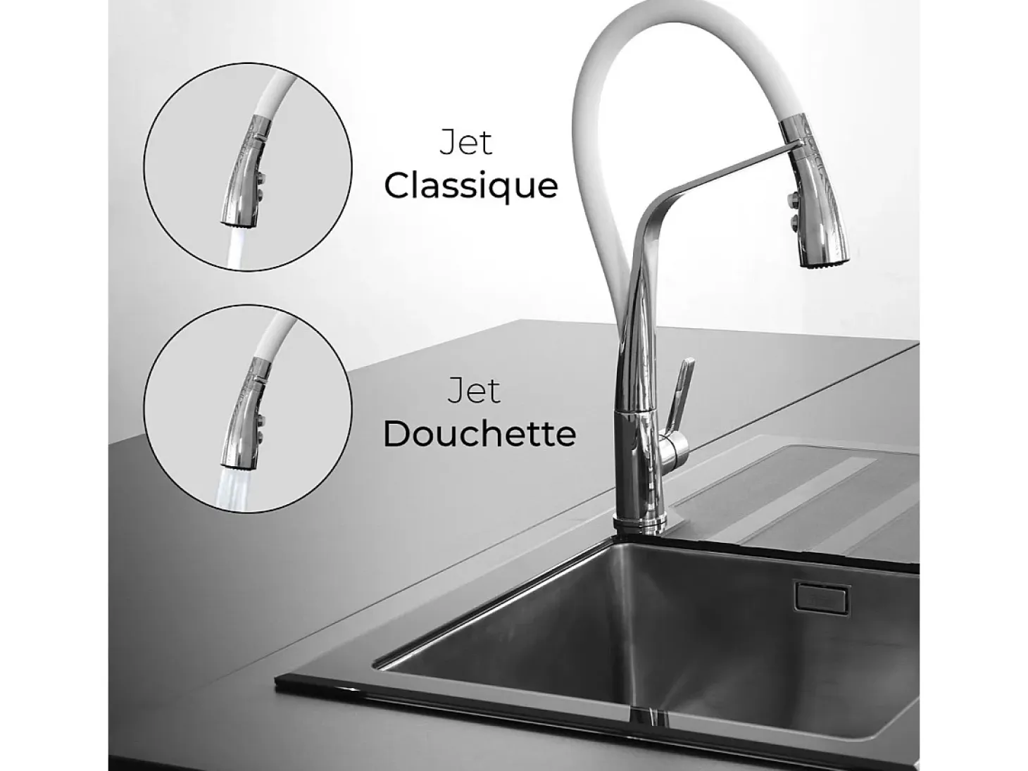 Angel Mezclador para fregadero con ducha móvil cromada y flexible blanco Essebagno