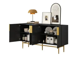 Aparador - DREAMMESPACE - 4 puertas - tirador y pie de metal dorado - 152x40x80cm - Negro