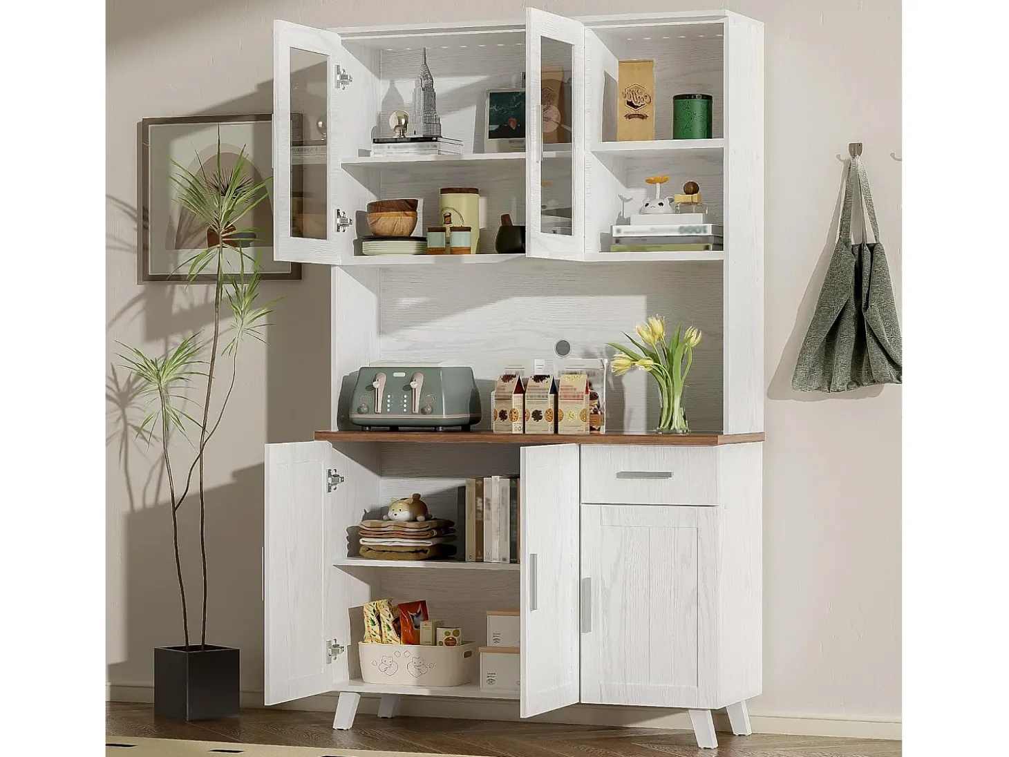 Aparador - Mueble de cocina con 5 puertas y cajón - Mueble alto moderno - Blanco