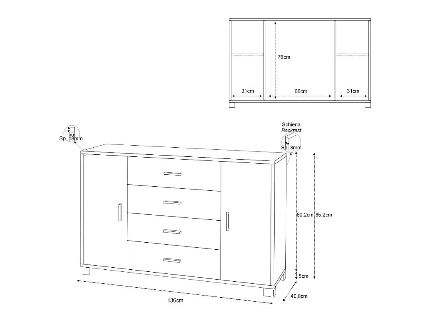 Aparador 2 puertas 4 cajones Mueble TV buffet salón Talia - Olmo