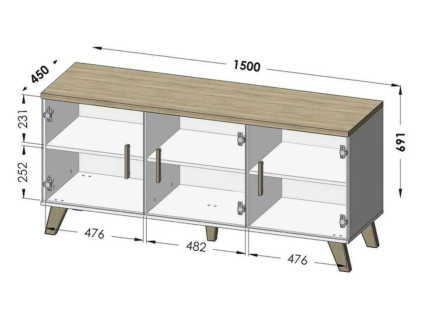 Aparador 3 puertas Colin, roble y negro mate, 150 cm