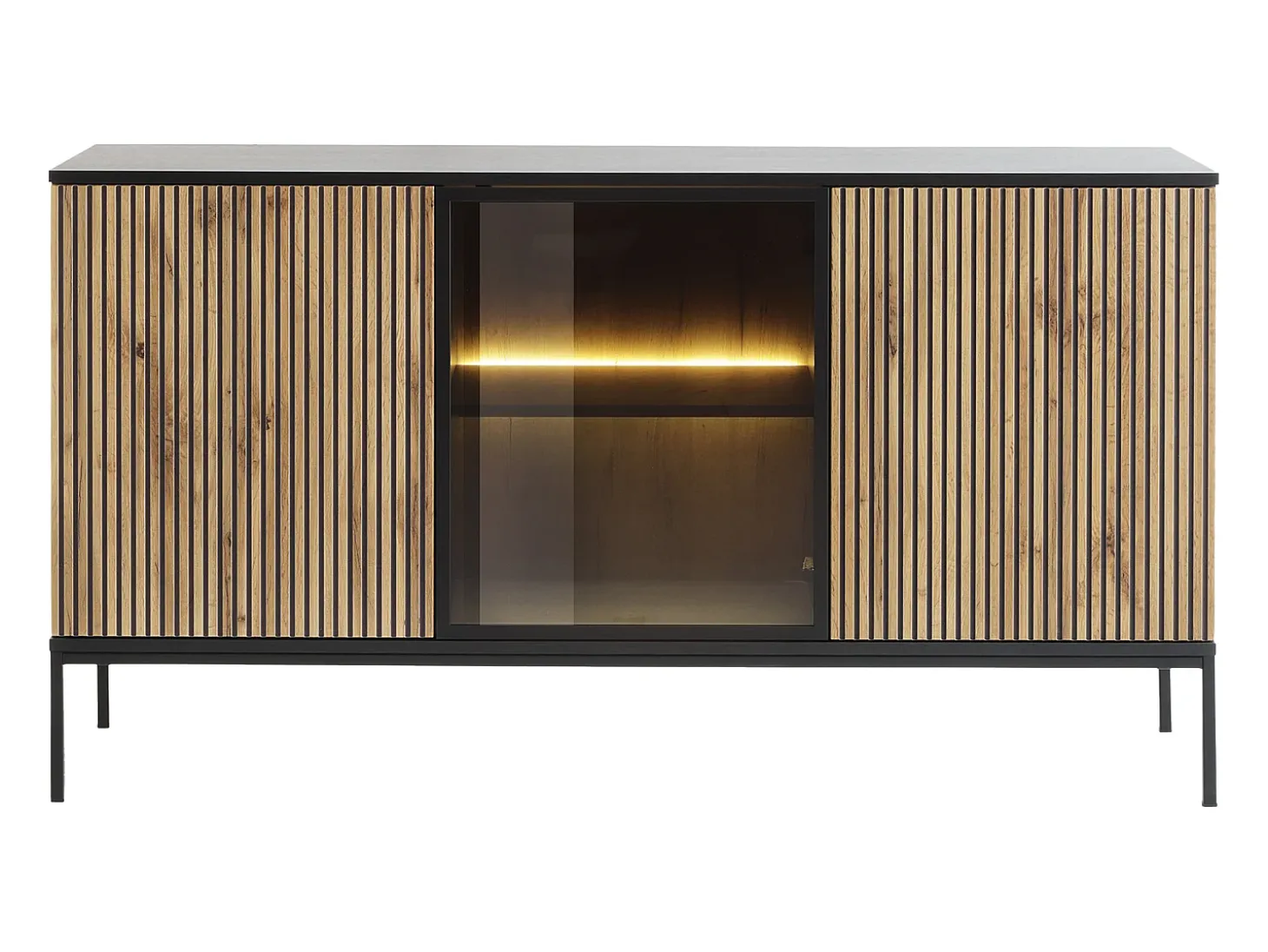 Aparador 3 puertas con luces LED en MDF y vidrio ahumado - Natural y Negro - OVILA