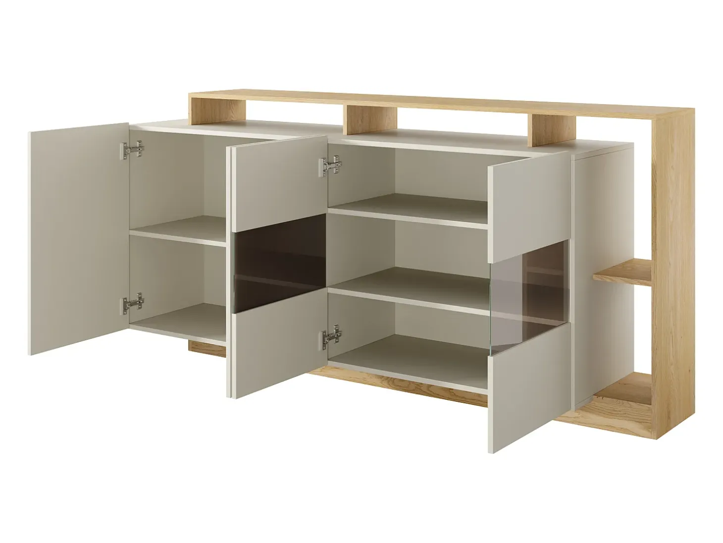 Aparador 4 puertas y 4 nichos con LEDs - Beige y Natural claro - IDESIA