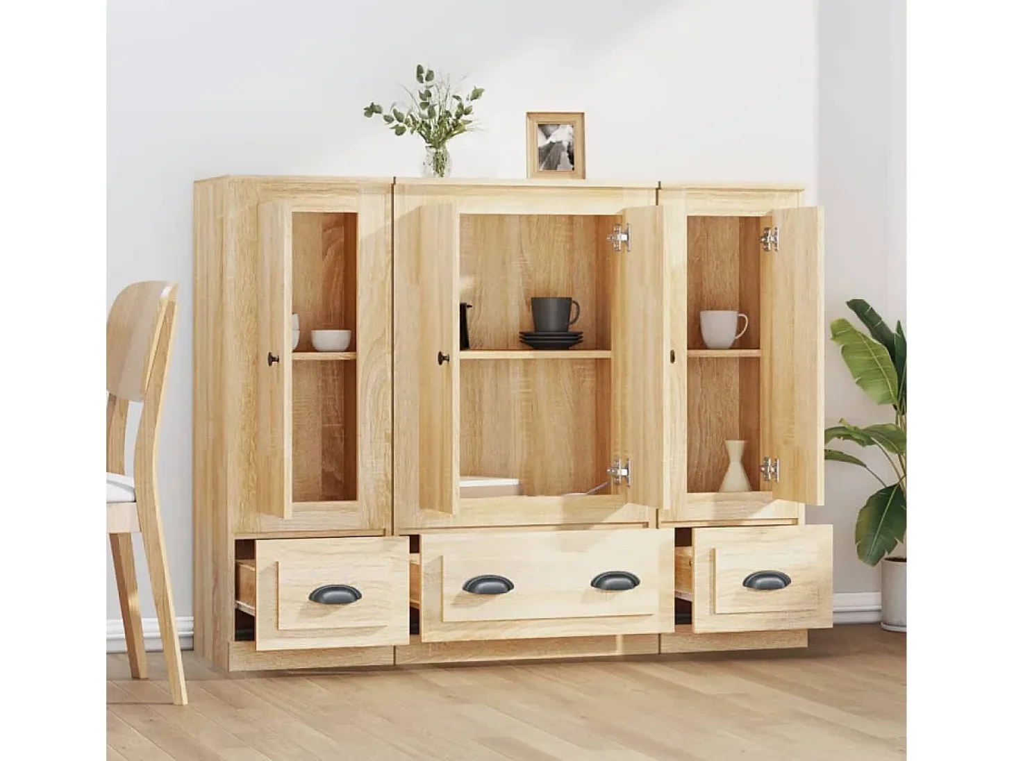 Aparador alto 3 piezas madera contrachapada roble Sonoma