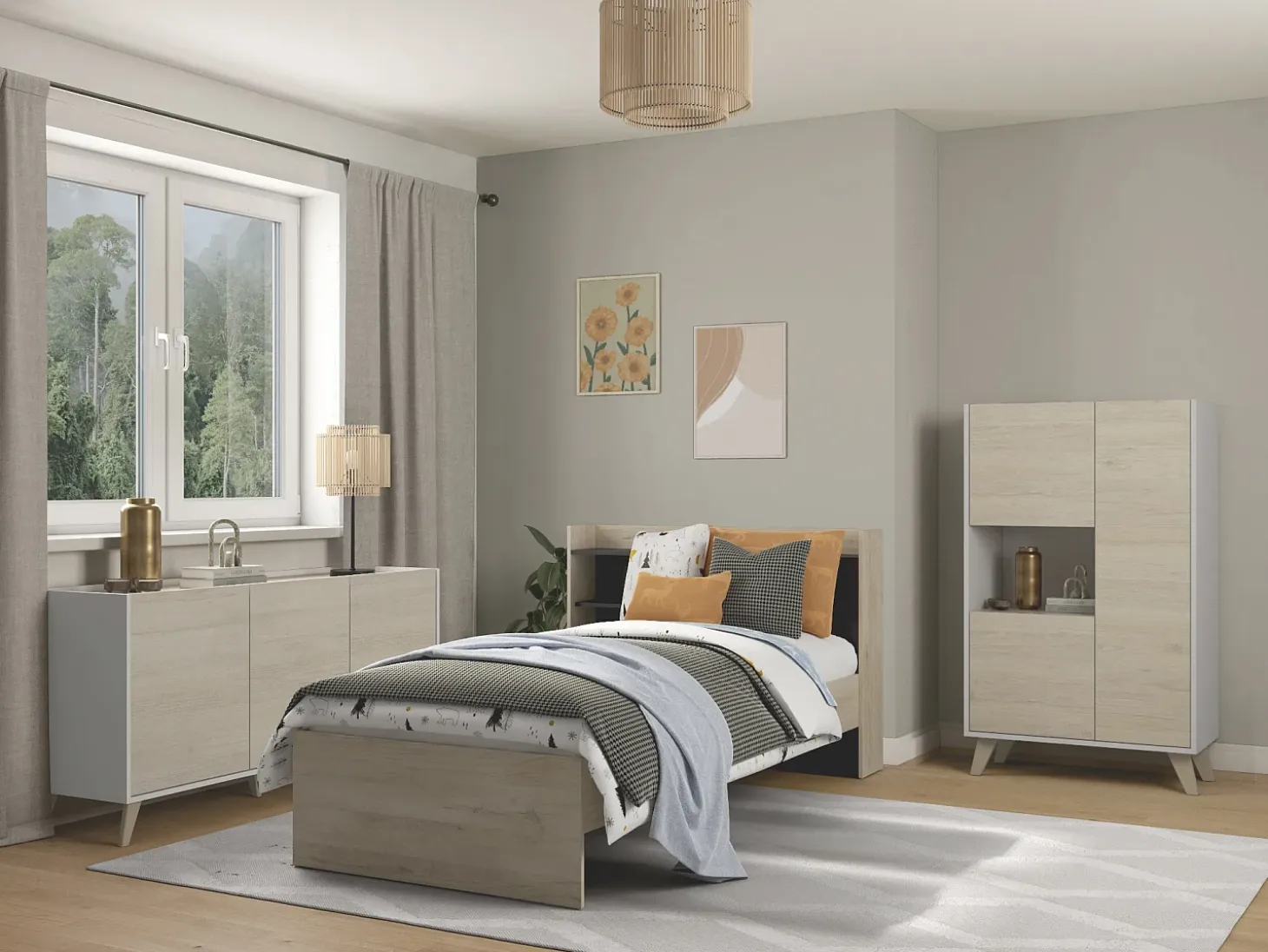 Aparador alto 3 puertas escandinavo KOLYMA - roble y blanco