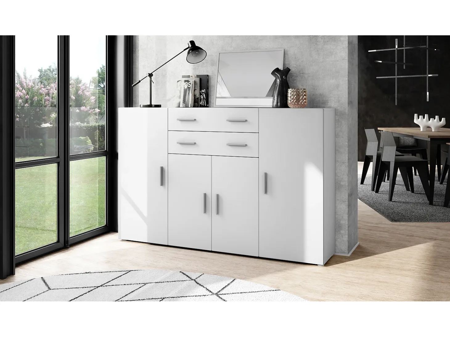 Aparador alto Aron con 2 cajones y 4 puertas con un total de 8 compartimentos detrás, blanco mate/blanco mate (166,5 x 106,5 x 35 cm)