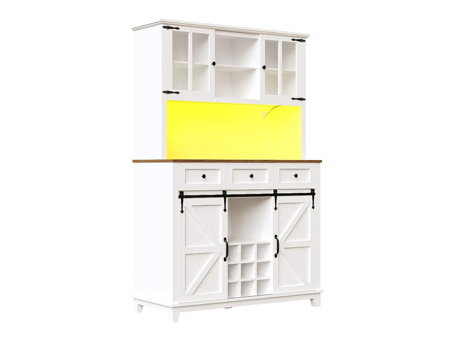 Aparador alto blanco - Aparador con 3 cajones y 4 puertas - Iluminación LED y almacenajeabierto - para cocina y salón