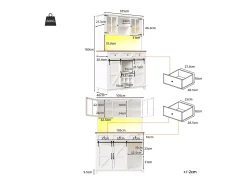 Aparador alto blanco - Aparador con 3 cajones y 4 puertas - Iluminación LED y almacenajeabierto - para cocina y salón