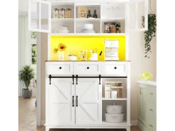 Aparador alto blanco - Aparador con 3 cajones y 4 puertas - Iluminación LED y almacenajeabierto - para cocina y salón