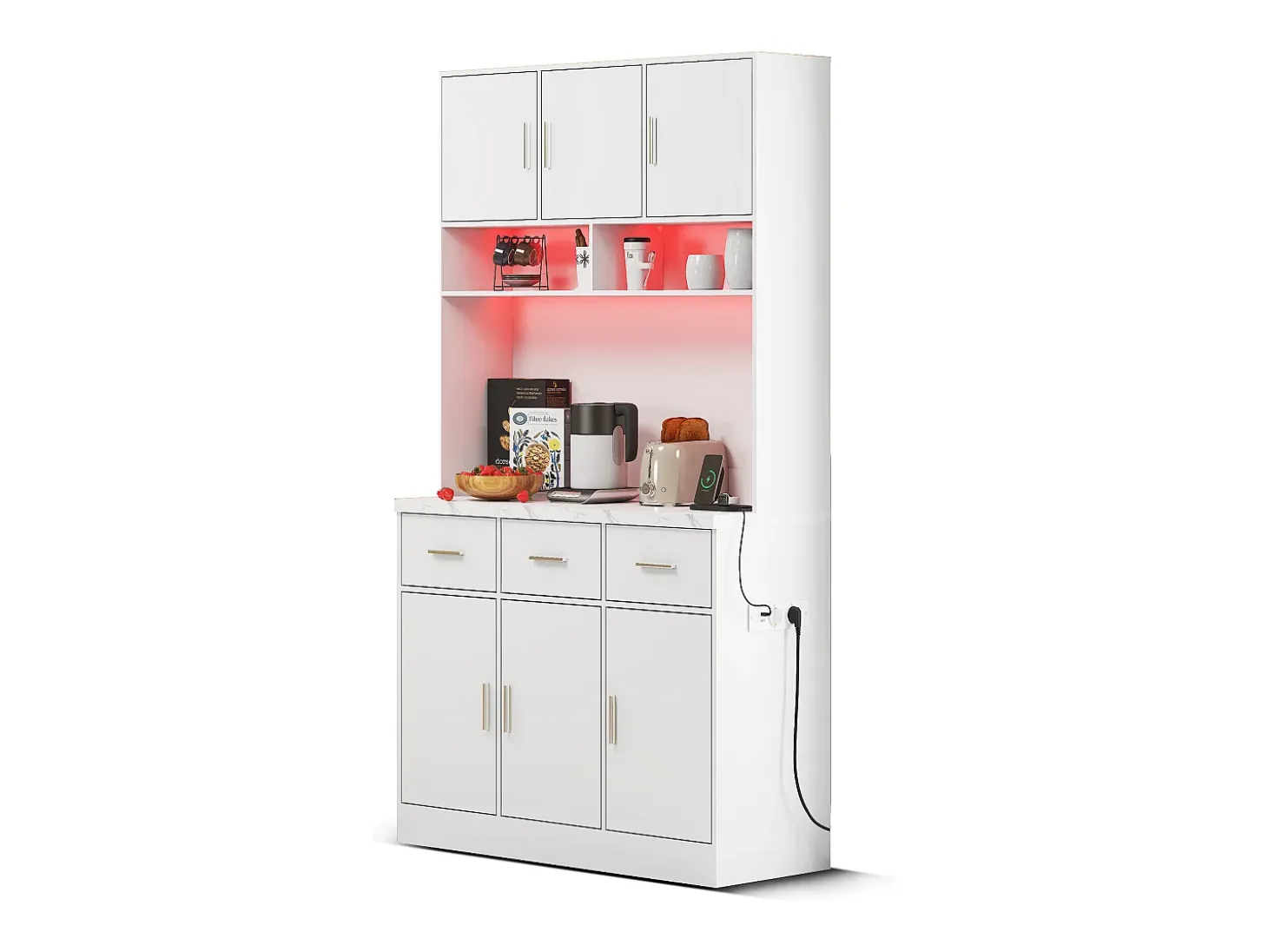 Aparador alto blanco - Aparador con 6 puertas y 3 cajones - Luz LED y carga USB - para cocina y comedor