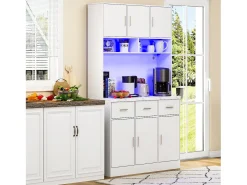 Aparador alto blanco - Aparador con 6 puertas y 3 cajones - Luz LED y carga USB - para cocina y comedor