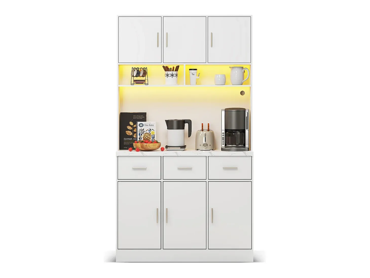 Aparador alto blanco - Aparador con 6 puertas y 3 cajones - Luz LED y carga USB - para cocina y comedor