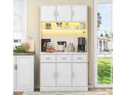 Aparador alto blanco - Aparador con 6 puertas y 3 cajones - Luz LED y carga USB - para cocina y comedor