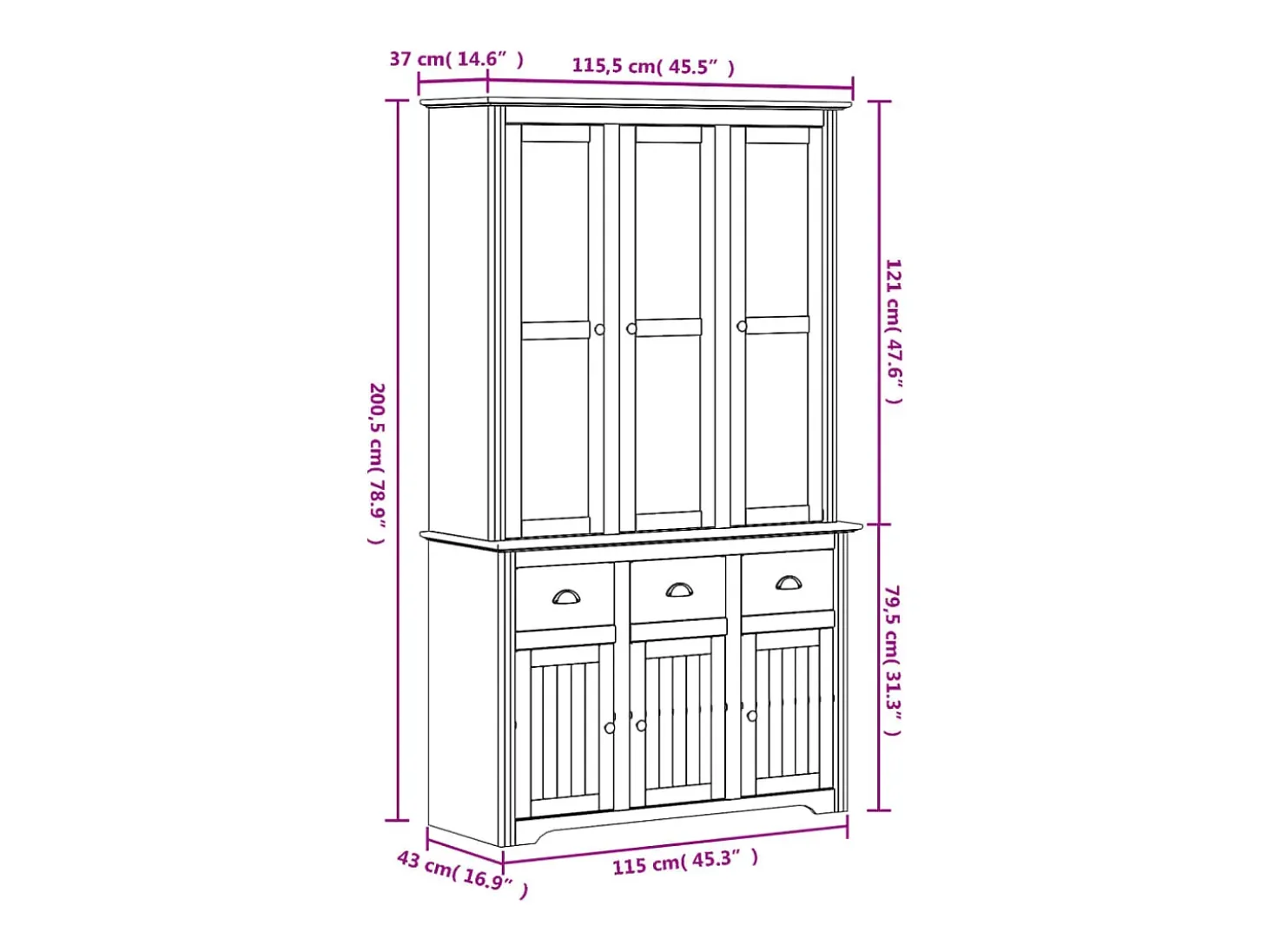 Aparador alto BODO madera maciza pino blanco 115,5x43x200,5 cm