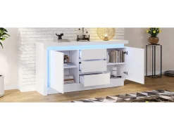 Aparador alto brillo - 140 x 35 x 72 cm - con 3 cajones + 2 puertas + LED + estantes regulables - aglomerado - blanco