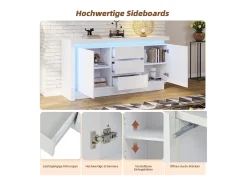 Aparador alto brillo - 140 x 35 x 72 cm - con 3 cajones + 2 puertas + LED + estantes regulables - aglomerado - blanco
