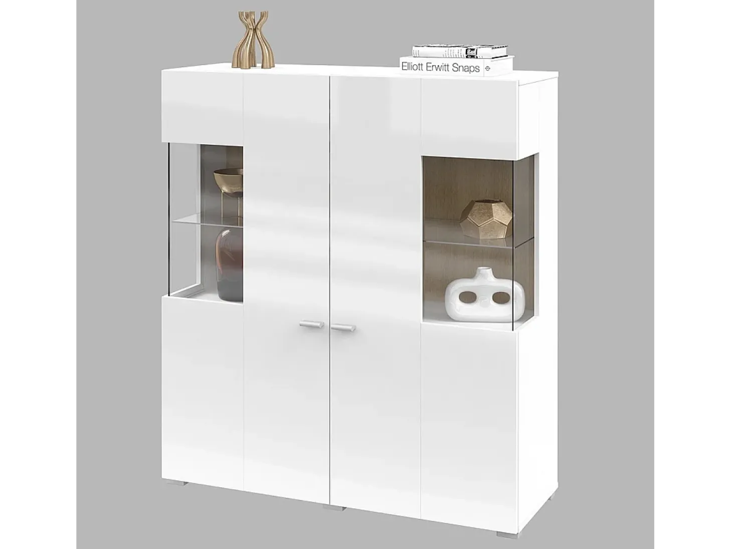 Aparador alto colección KOBEE con 2 puertas de vidrio y LED integrado. Color blanco y roble.