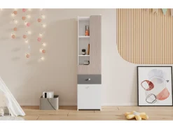 Aparador alto con 2 puertas batientes y cajón - madera MDF - color blanco + olmo claro + gris