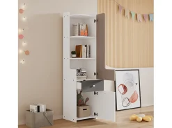 Aparador alto con 2 puertas batientes y cajón - madera MDF - color blanco + olmo claro + gris