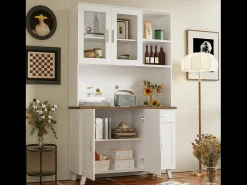 Aparador alto con 5 puertas, 1 cajón y compartimentos abiertos - 114 x 40 x 190 cm - Tablero de partículas - Blanco