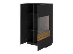 Aparador alto con LED colección KILES de dos puertas. Color gris antracita y roble. Puerta acristalada a la derecha.