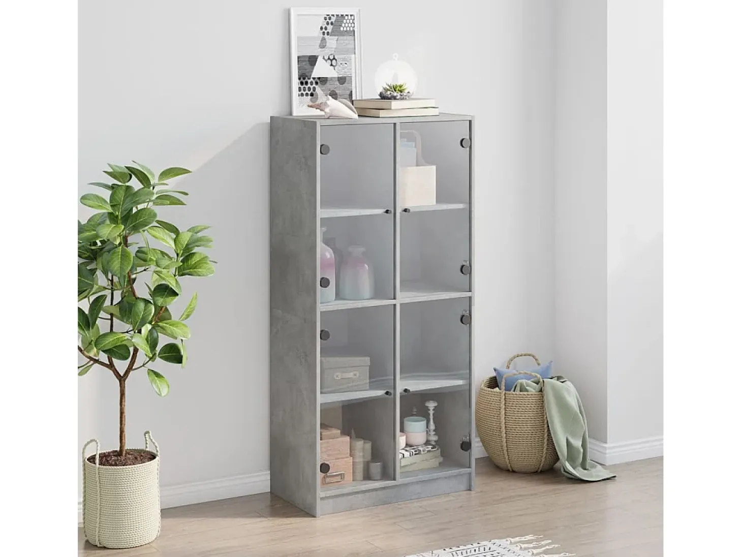Aparador alto con puertas madera gris hormigón 68x37x142 cm