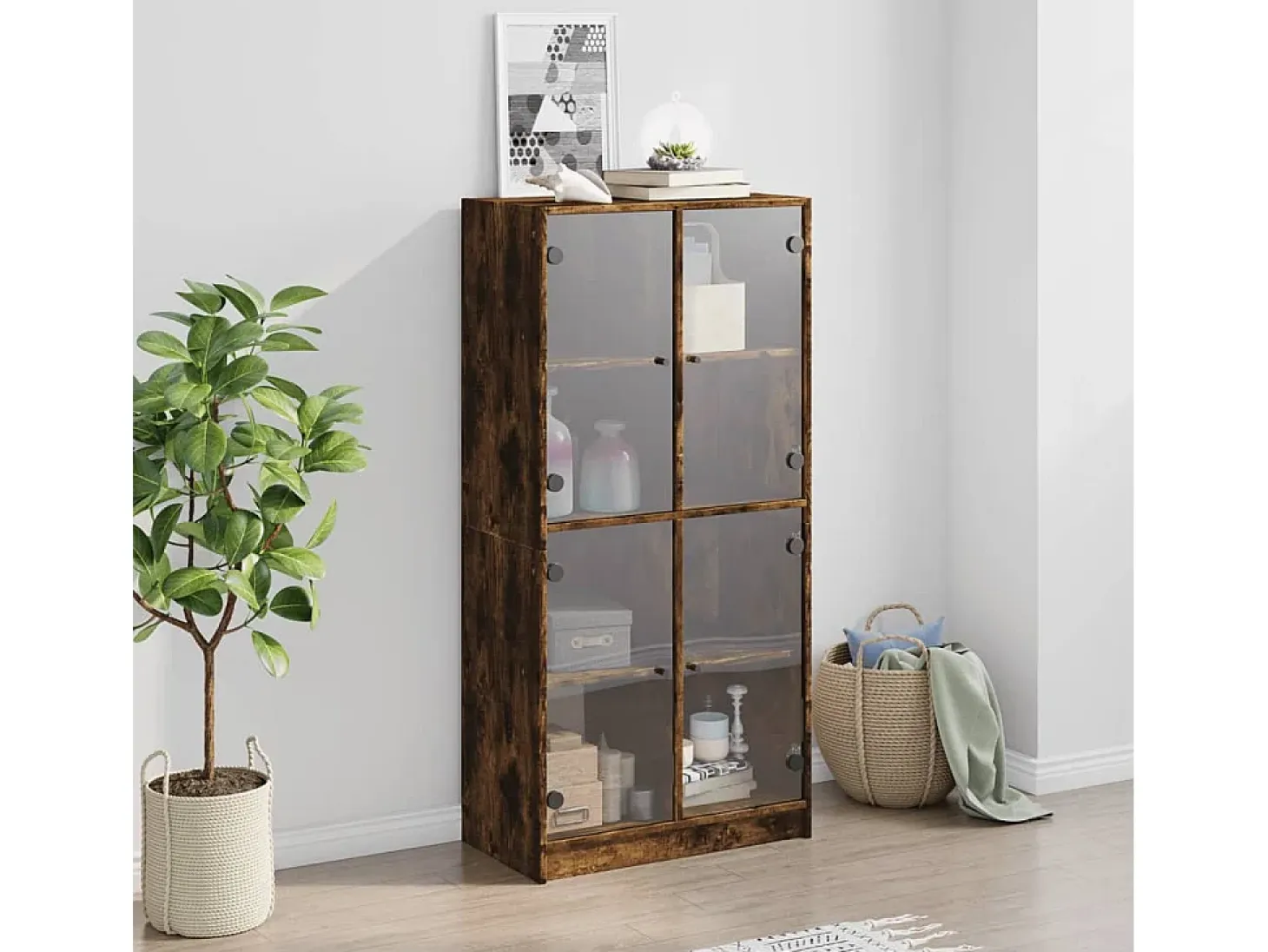 Aparador alto con puertas madera roble ahumado 68x37x142 cm
