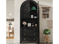 Aparador alto con puertas y cajones, estantes arqueados abiertos, negro, mueble para cocina o salón