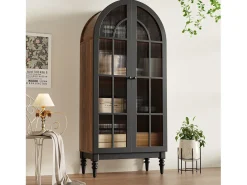 Aparador alto curvo con almacenaje y acabado efecto madera - 76 x 35,5 x 165 cm - con puertas de cristal - para cocina y salón - MDF - negro