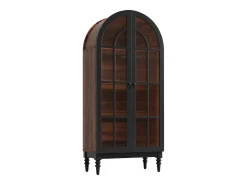 Aparador alto curvo con almacenaje y acabado efecto madera - 76 x 35,5 x 165 cm - con puertas de cristal - para cocina y salón - MDF - negro