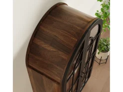Aparador alto curvo con almacenaje y acabado efecto madera - 76 x 35,5 x 165 cm - con puertas de cristal - para cocina y salón - MDF - negro
