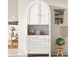 Aparador alto de almacenaje - 70 x 35 x 180 cm - arqueado con 3 cajones y 2 puertas - MDF - blanco