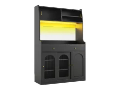 Aparador alto de cocina - 120 x 40 x 180 cm - con estantes regulables + 2 cajones + 3 puertas + LED - MDF + PB - negro