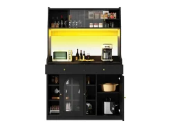 Aparador alto de cocina - 120 x 40 x 180 cm - con estantes regulables + 2 cajones + 3 puertas + LED - MDF + PB - negro