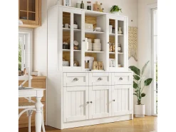 Aparador alto de cocina - 140 x 38,5 x 175 cm - con 3 cajones + 5 puertas - MDF - blanco